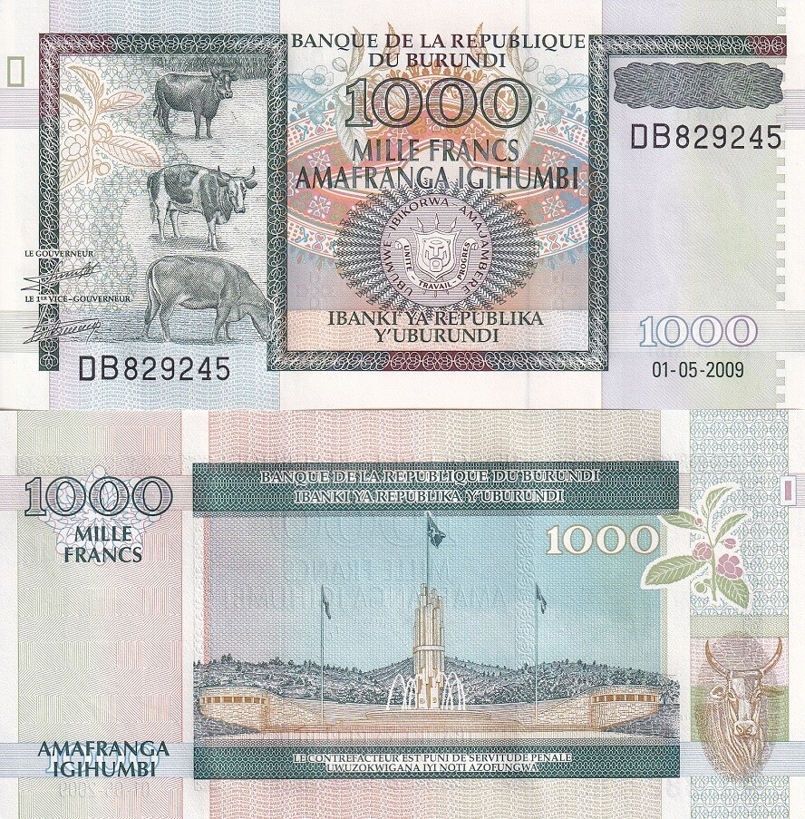 Burundi 1000 Francs 2009 P 46 UNC , Cattle Unity monument, Bujumbura ,Reduce SZ