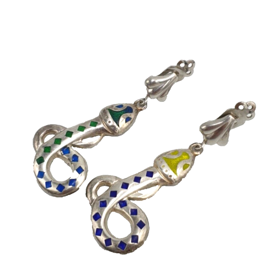 Vintage 60S Snake Earrings Silver 925 Enamel Made in Italy