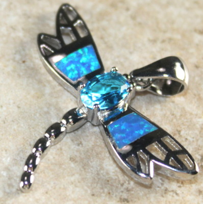 SILVER Elegant Blue Fire Opal &Sky Blue Topaz Dragonfly Pendant WP40401