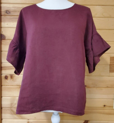Elena Baldi 1lItalian 100% Linen Plum  Small Top Ruffle Short Sleeves
