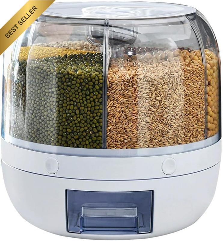 360° Rotating Rice Dispenser, 6-Compartment Grain Storage Container with One-Cli