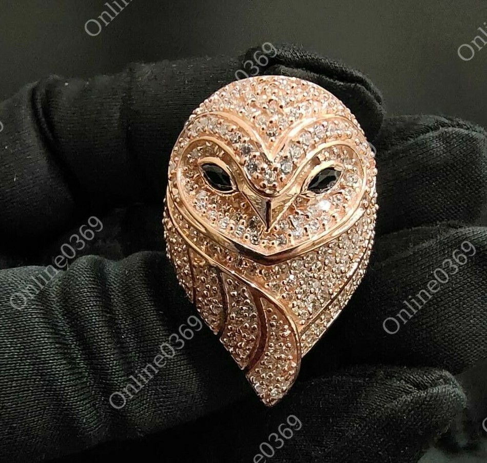 Pre-owned Online0369 14k Rose Gold Plated Men's 2 Ct Round Cubic Zirconia Owl Ring In 925 Silver In White