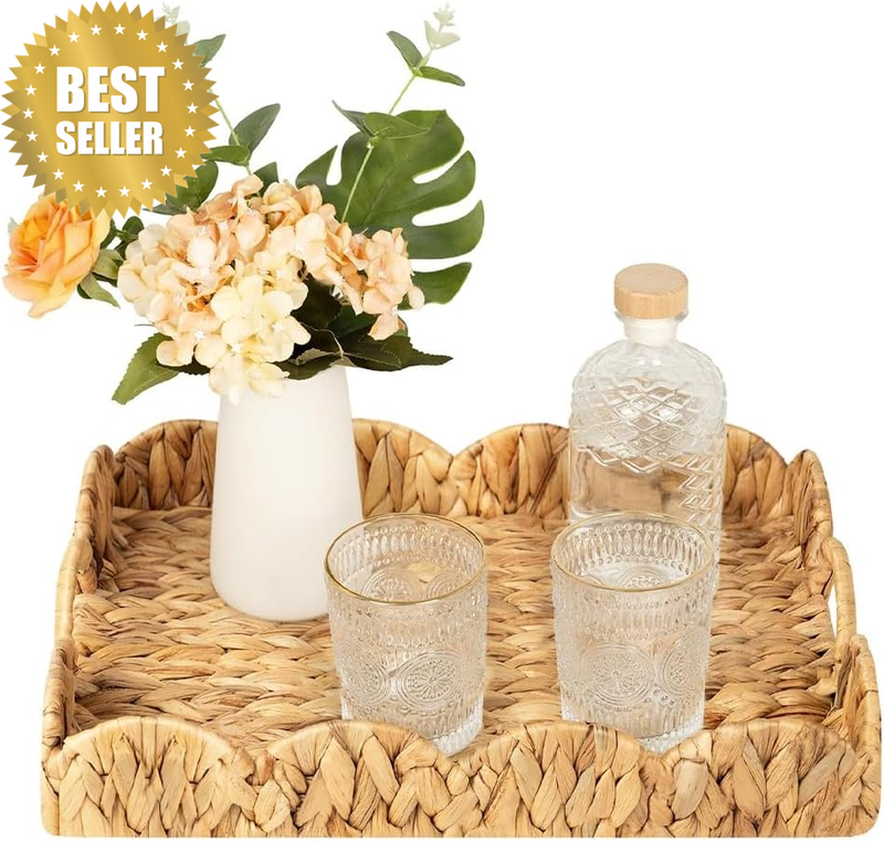 Rattan Serving Trays,Scalloped Woven Organizer, Weaving Rectangular Tray with Ha