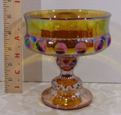 Vintage Indiana Kings Crown Amber Carnival Glass Compote Dish