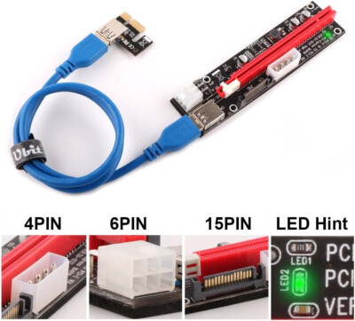 Ubit **6 Pack** PCI-E Riser Adapter Card + USB 3.0 Cable - Latest crypto mining