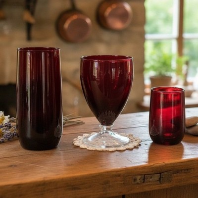 Anchor Hocking Royal Ruby Glasses, 3 Piece Mismatched, Goblet, Juice & Highball