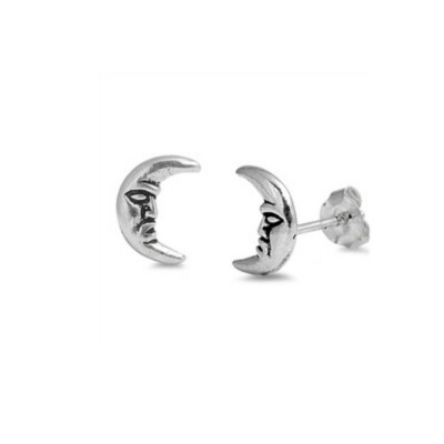 Moon Earrings Celestial Face 925 sterling silver Studs Moons 9mm, Crescent Moon