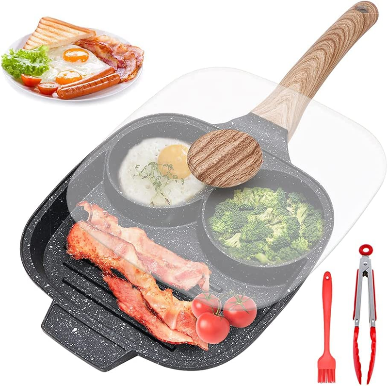 Fried Egg Pan With Lid Nonstick 3 Section Pancake Pan Divided