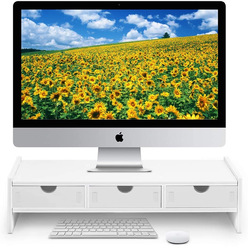Monitor Stand Riser, Computer Laptop Riser Shelf with 3 Organizer Drawers (White