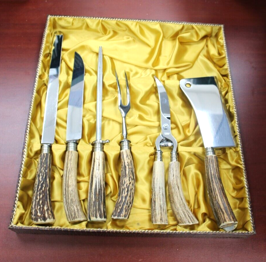 VTG Solingen Germany Knife Set Klaus Tragbar Carved Antler bone orig box