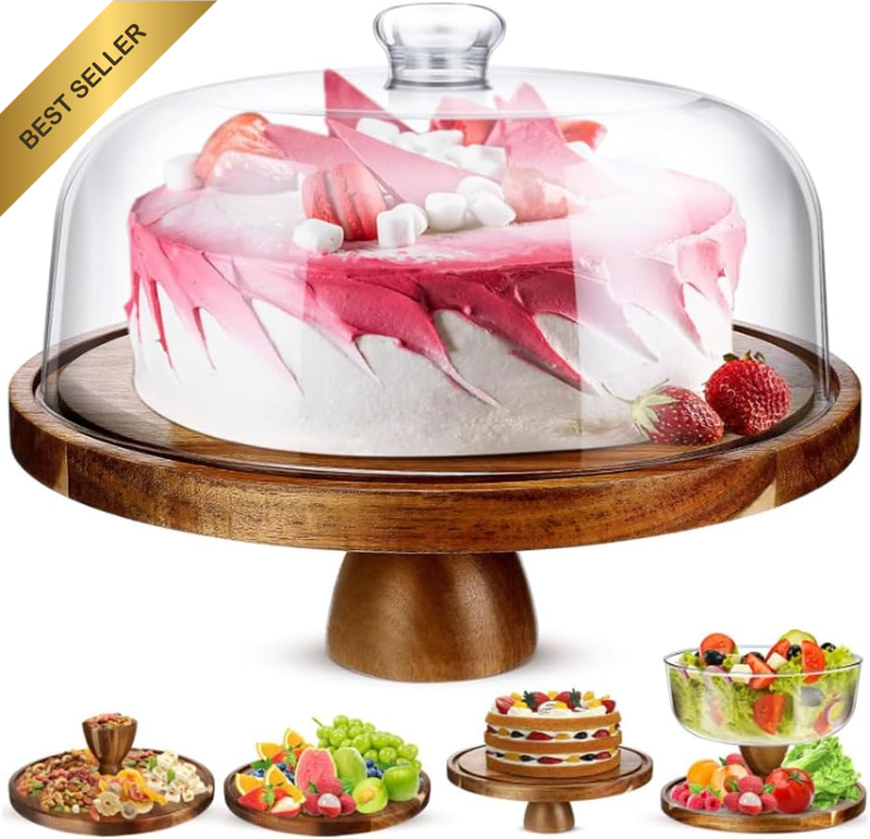 Acacia Wood Cake Stand with Lid, round Cake Stand, Multi-Purpose Dinner Plate De