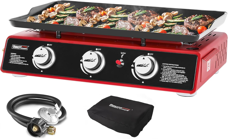 PD1301R 3 Burner Tabletop Propane Gas Griddle with Cover, 24 Inch Portable Griddle with 25,500 Btus Output for Outdoor Cooking While Camping or Tailgating, Red