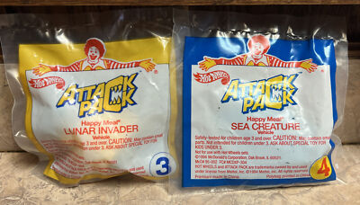 2 1994 MCDONALD'S ATTACK PACK TOYS 3 LUNAR INVADER  4 SEA CREATURE NEW IN BAG