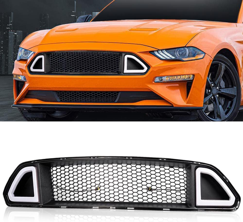 Front Hood Upper Grille with White DRL LED Light for 2015-2017 Ford Mustang