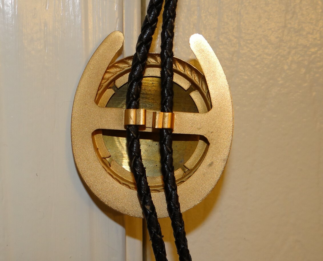 Vintage Gold Tone Enamel BPOE Elks Lodge Horseshoe Clock Bolo Tie