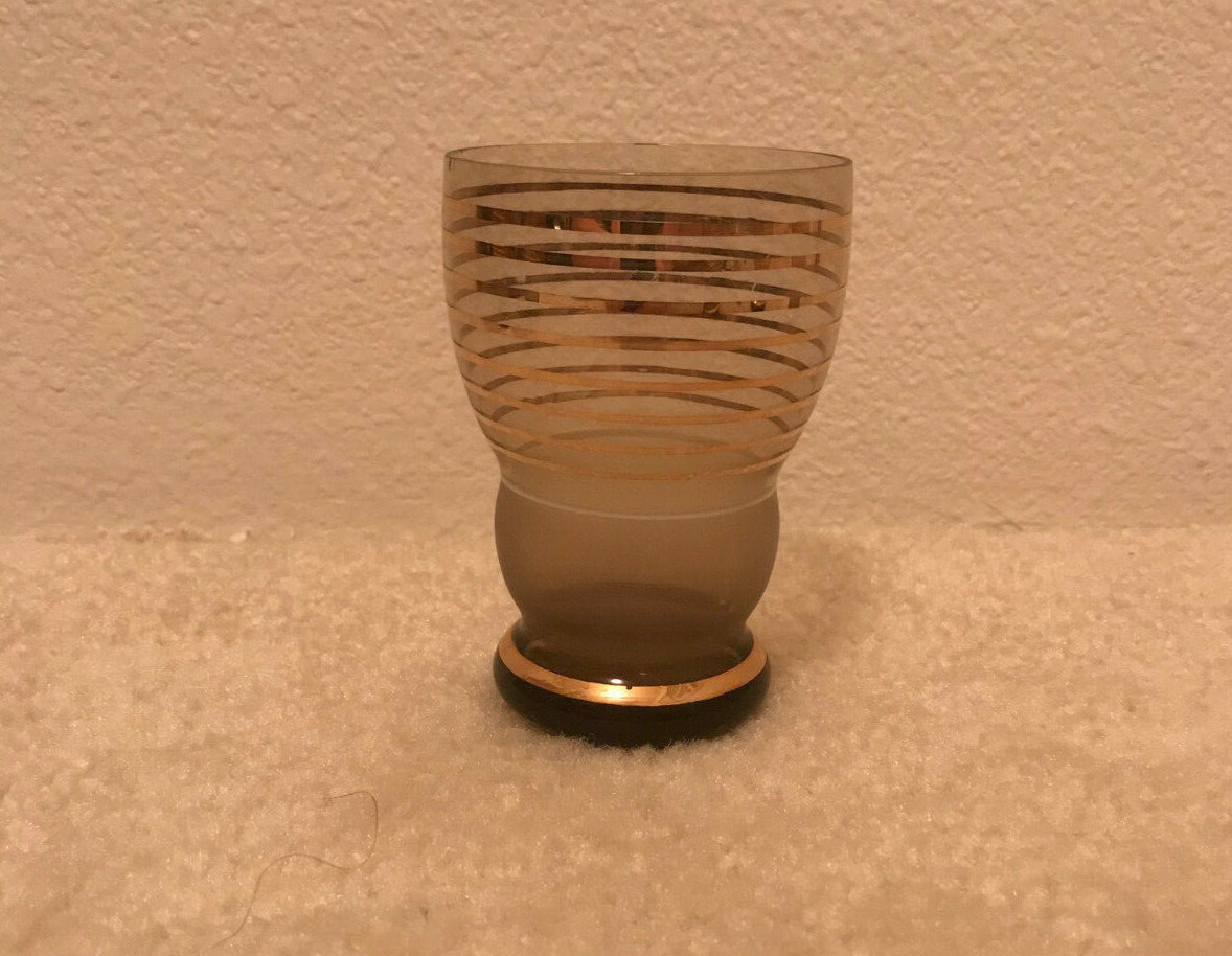 Vintage 1940s-1950s Pitcher 6 Glasses Gold strips Barware Lowball/Short/Rocks