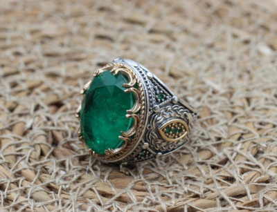 Green emerald men's ring, 925 sterling silver men's ring, vintage handmade ring