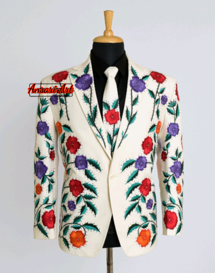 Pre-owned Art Men Custom 2 Piece Western Suit Notch Lapel Floral Embroidered Western Wedding In White