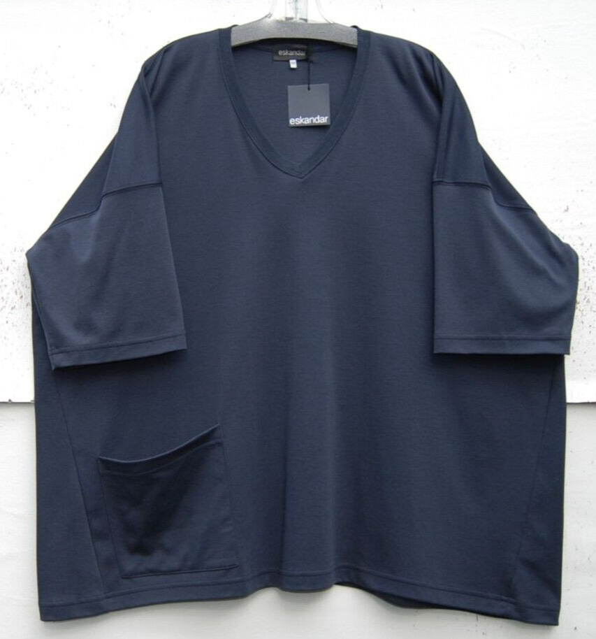 Pre-owned Eskandar Dark Navy V-neck Mid Weight Pima Cotton 30" Long Top W/pocket O/s In Blue