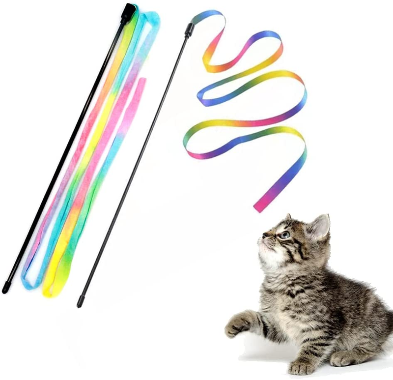 2pcs Interactive Rainbow Teaser Wand String Ribbon Charmer Toy for Cats Kittens