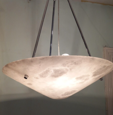 Large Genuine Alabaster Bowl Chandelier with Chrome finished brass