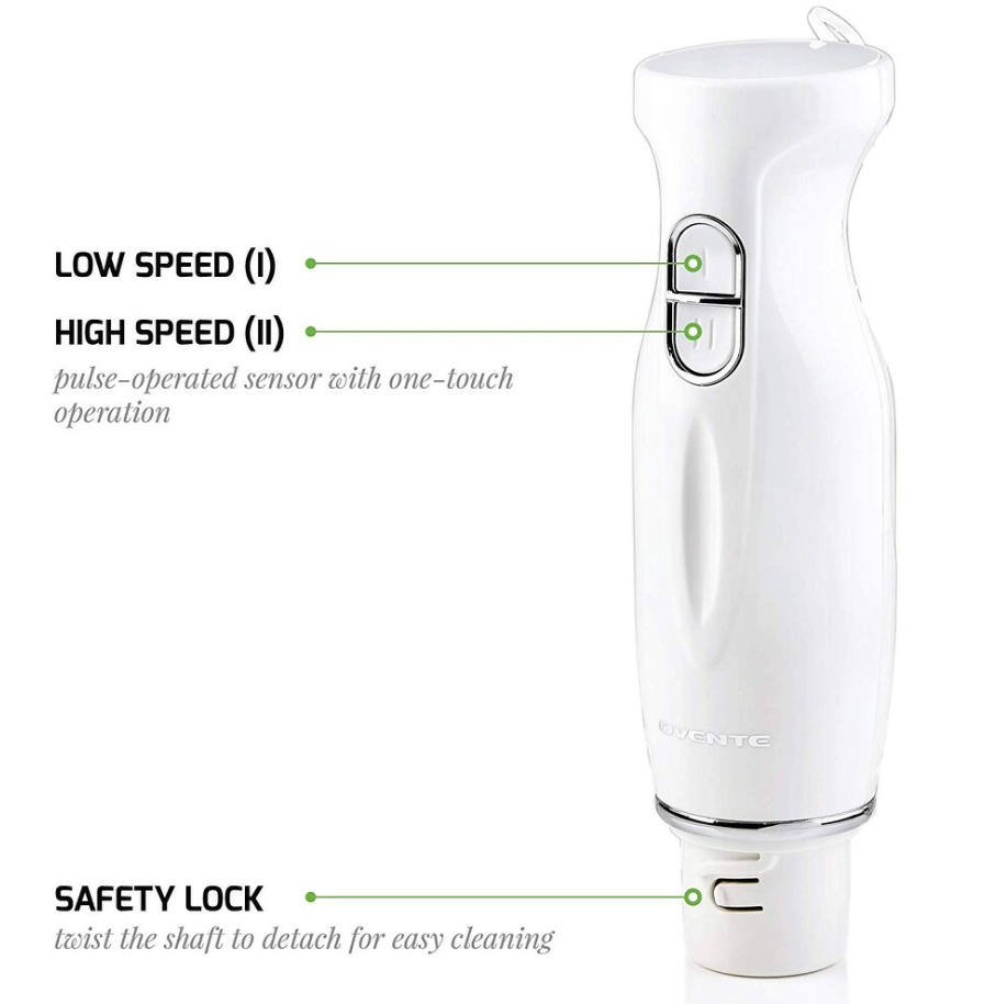 Electric Immersion Hand Blender Stainless Steel Blades 300W Ovente HS560W, White