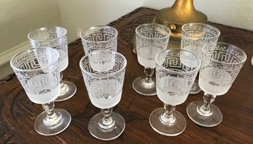 Antique Set Of 3 Regency Crystal Pint Decanters & 8 Glasses. Greek Key Design.