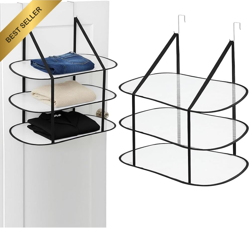 2Pcs Sweater Drying Rack, 3 Tier over the Door Folding Dryingrack with 4 Hooks,