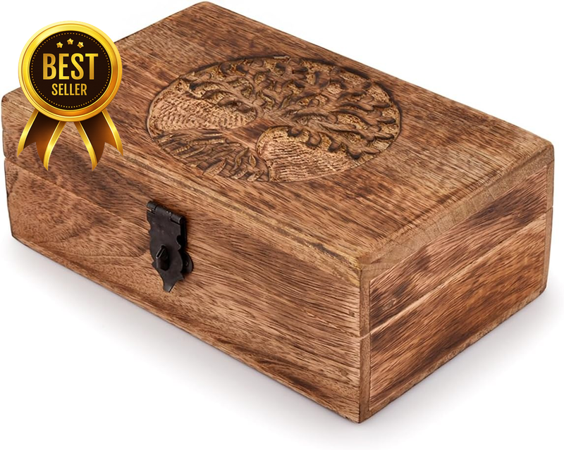 Flame-Work Mango-Wood Tree-of-Life Engraved Keepsake and Jewelry Box