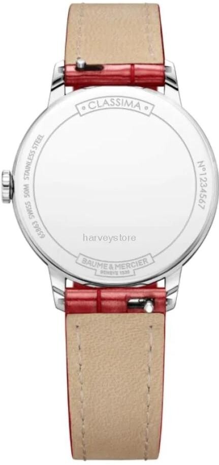 Pre-owned Baume Et Mercier Baume & Mercier White Mother-of-pearl Dial Shiny Red Alligator Strap Watch