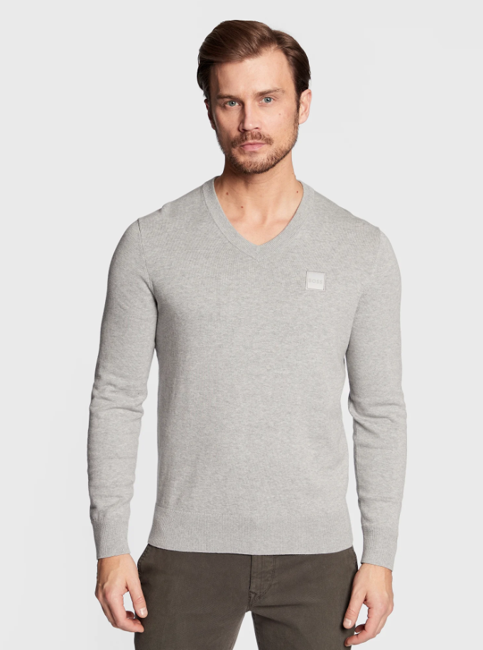 Jumper BOSS V-Neck Mens Grey Knitwear With Logo - Kanovano Size 3XL