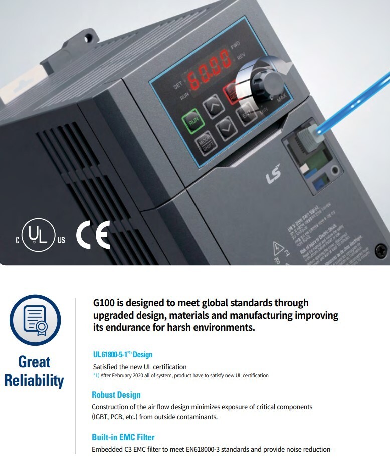 LS Inverter LSLV0022G1004EONN AC Drive 440VAC 3Phase 2.2kW 3Hp SV022