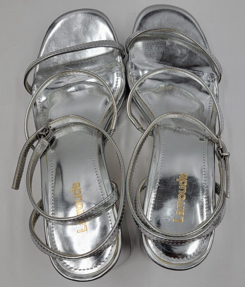 Larroudé Gio Specchio Leather Sandals Women's 5.5 Silver Mirror Open Round Toe - Picture 2 of 19