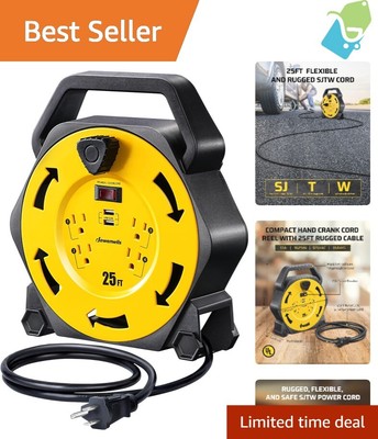25FT Retractable Extension Cord Reel 4 Outlets 2 USB Fast Charge Heavy Duty 13A