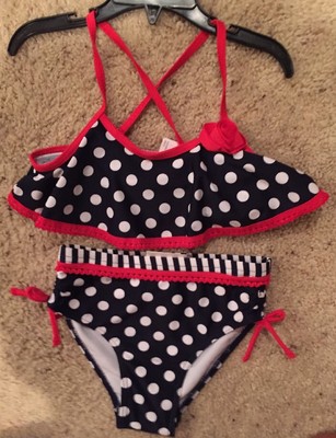 Flapdoodles Girl's Polka Dot Flounce 2 Pc Bikini Swim Suit Size 6X Blue Red Rose