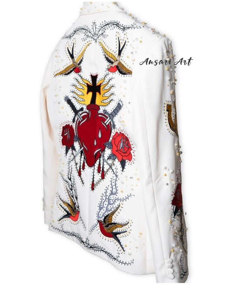 Pre-owned Art Men White 2pc Bespoke Country Western Suit Vintage Embroidered Designer Wedding