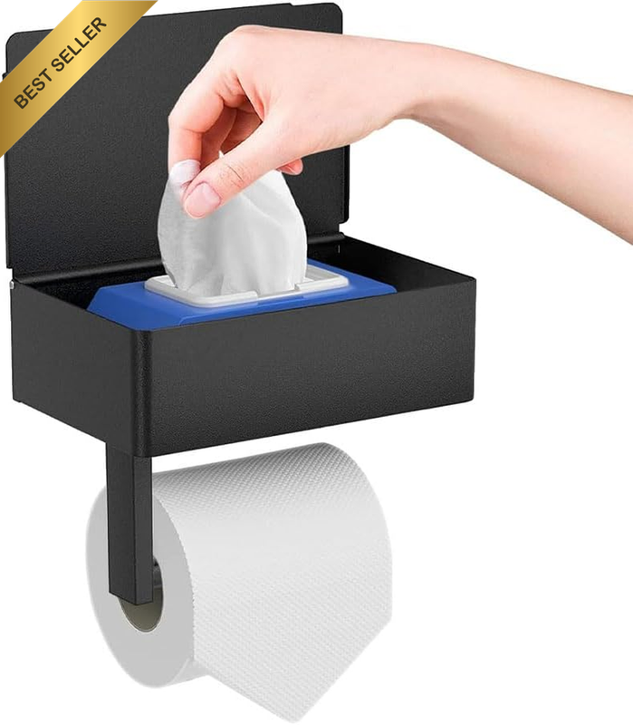 3-In-1 Toilet Roll Holder with Shelf and Storage Box – Black Stainless Steel Wal