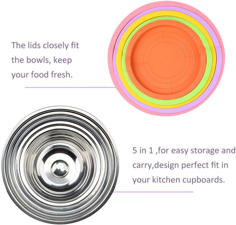 Mixing Bowls with Airtight Lids, Stainless Steel Nesting Bowls Set of 5 for Spac