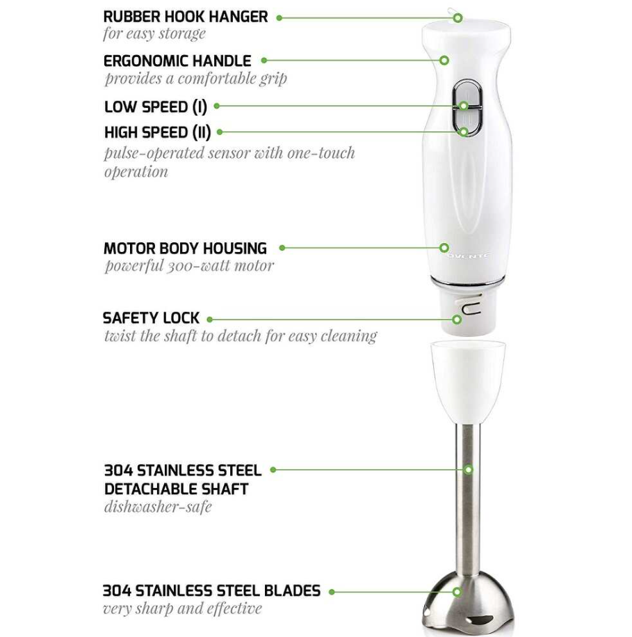 Electric Immersion Hand Blender Stainless Steel Blades 300W Ovente HS560W, White