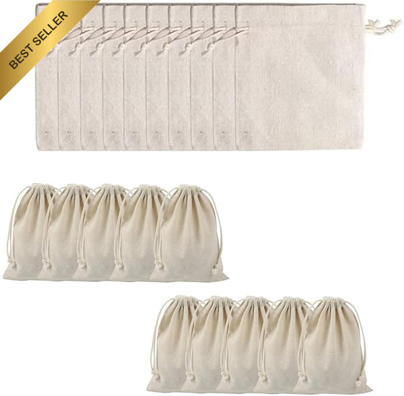 20 Pcs Cotton Linen Drawstring Bag, Reusable Cotton Muslin Natural Bags Tea Stor