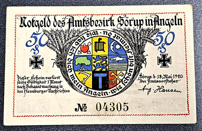 SÖRUP ANGELN NOTGELD 50 PFENNIG 1920 EMERGENCY MONEY GERMANY BANKNOTE (34032)