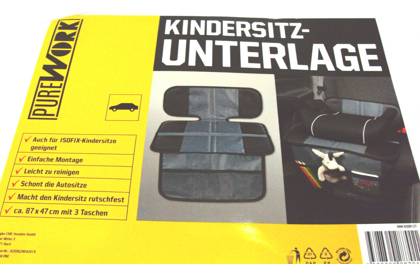 Kindersitzunterlage,Unterlage für Kindersitze,ca.87 x 47 cm mit 3 Taschen