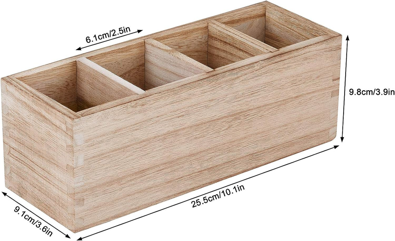 Wood Pen Pencil Holder for Desk, Rustic Pen Organizer 4 Compartment, Multi-Use D