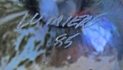 KENT FISKE AMERICAN AURENE IRIDESCENT ART GLASS OIL LAMP VASE SIGNED LUMIERE 85