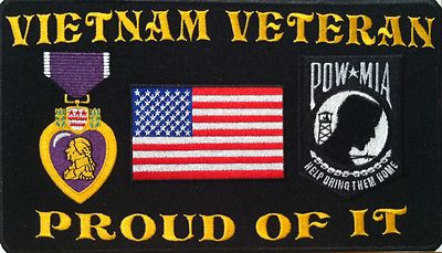 VIETNAM VETERAN PROUD OF IT Iron-On Patch POW-MIA Purple Heart USA Flag