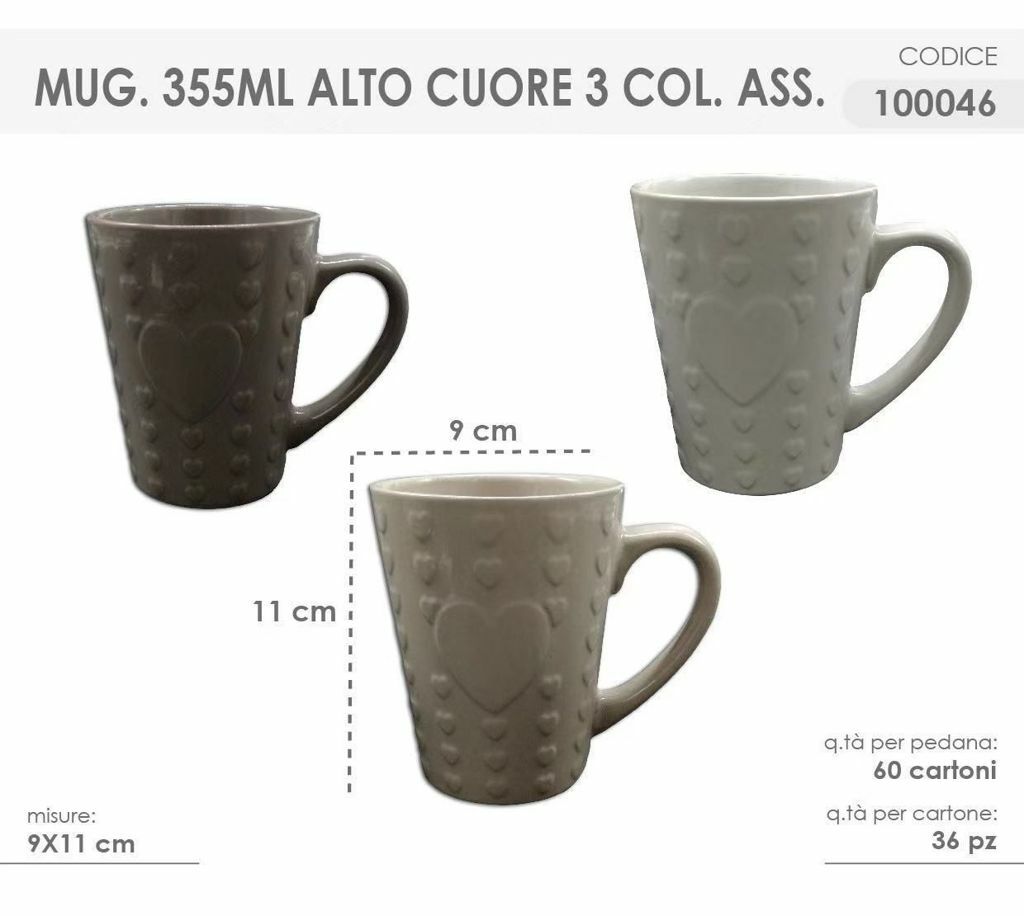 Set 12 Pezzi Tazza Mug Porcellana Con Cuore Latte Colazione 355ml dfh
