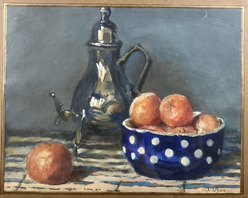 Gouache Sur Panneau Ecole Hongroise ? Nature Morte Aux Fruits SignÃ©E
