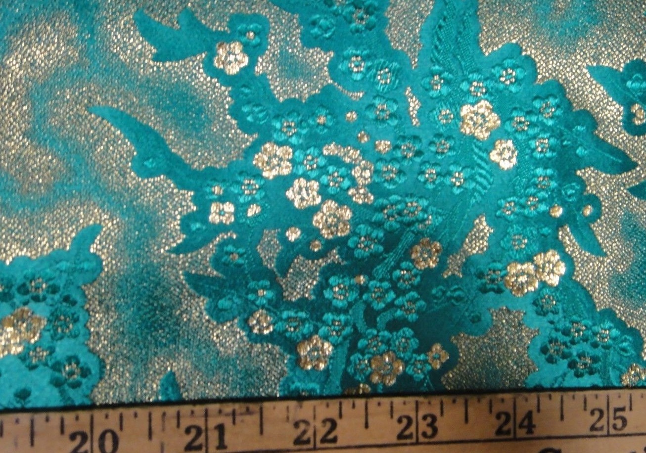 Vintage Silk Satin Brocade Floral Turquoise Fabric w/ Gold Thread 3 yds 27