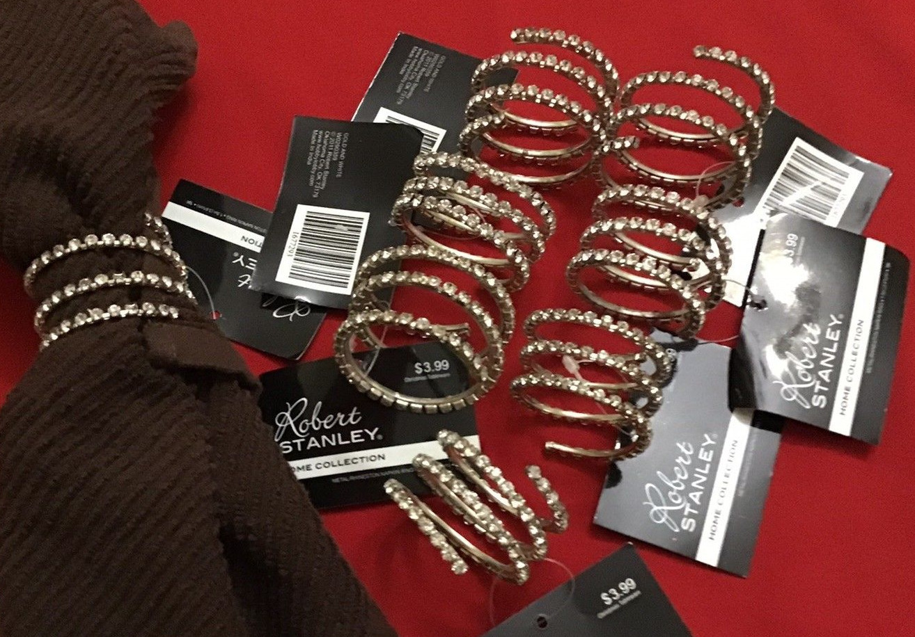 Robert Stanley Set Of 8 Napkin Rings Coil Style Rhinestones NWT