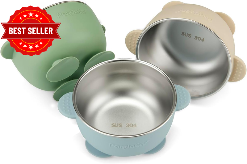 3 Pack Stainless Steel Baby Suction Bowls, Non-Slip Child Food Bowl with Silicon